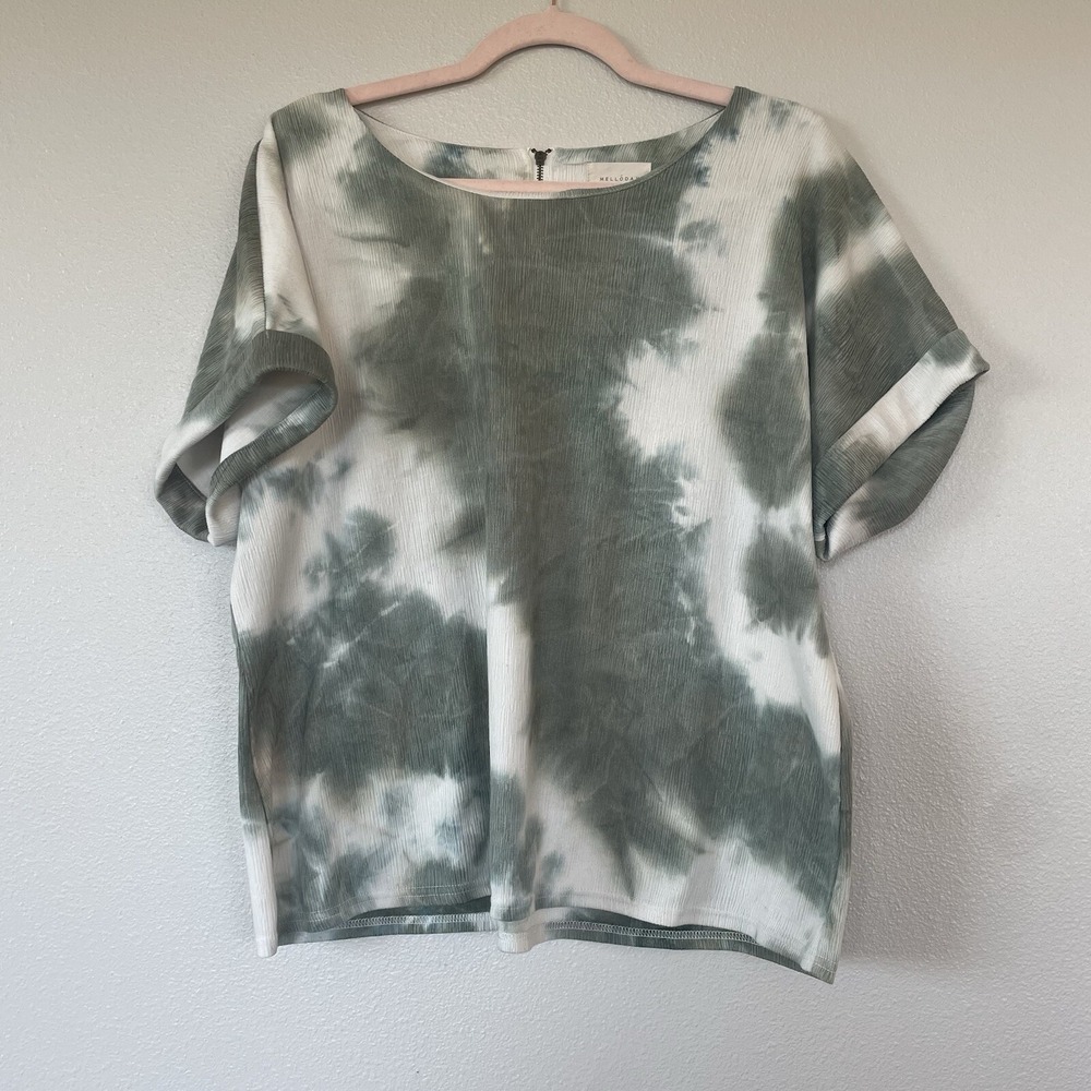 Melloday Textured Green Cream Tie Dye Top Zip‎ Back Short Sleeve Shirt Size L